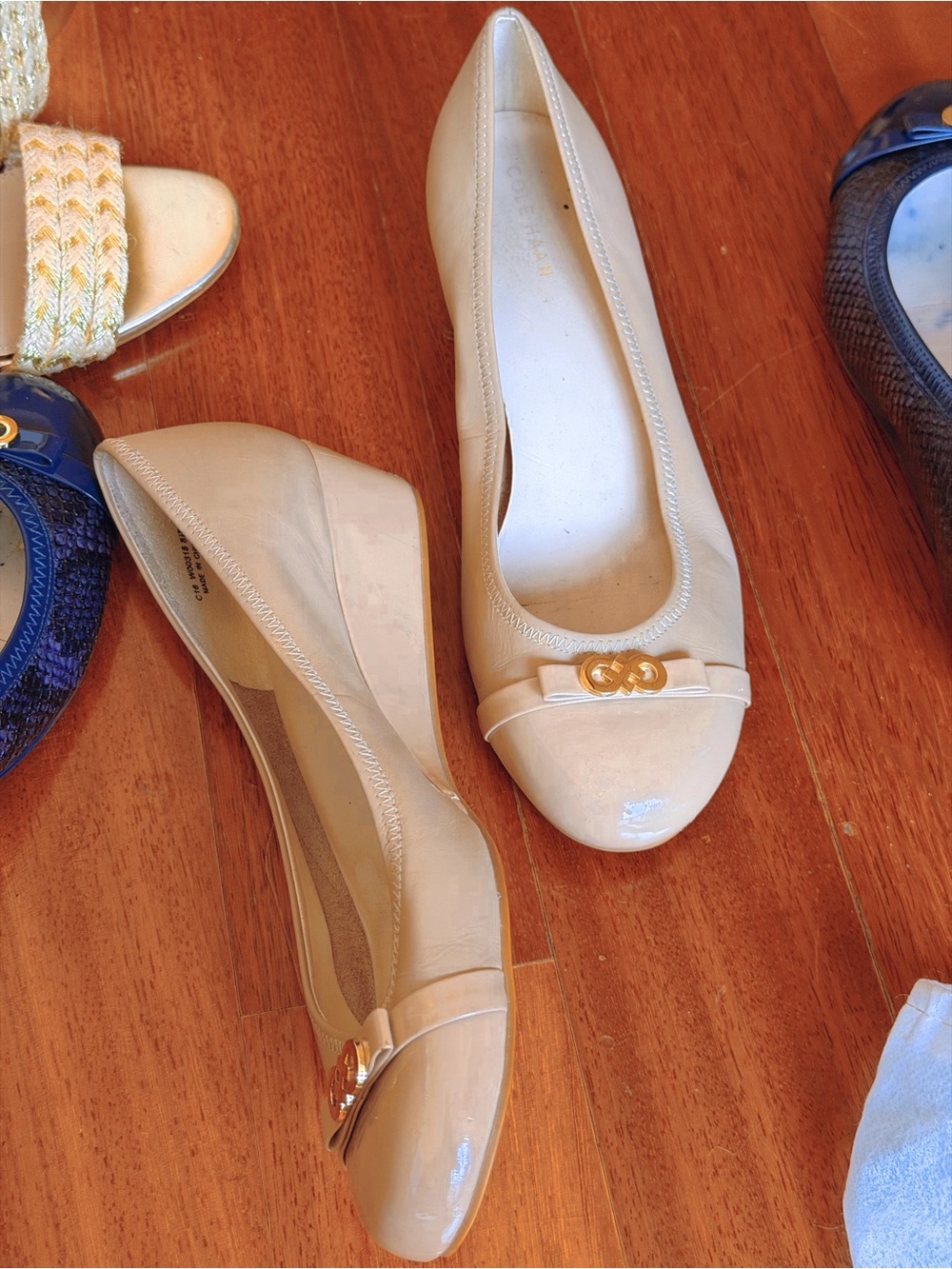 Cole Haan Nude Patent Low Wedge Pumps with Gold Accent